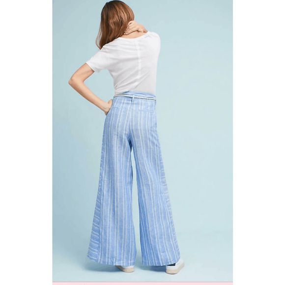 Anthropologie ETT TWA Blue & White Striped Linen Wide Leg Pants with Rope Belt - Picture 3 of 3